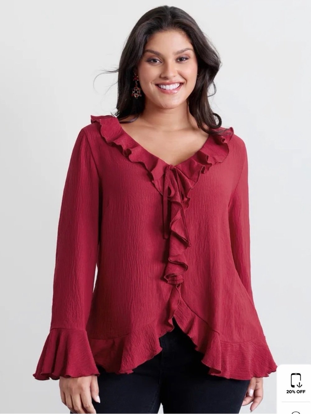 BloomChic Women's Ruffle Front V-Neck Blouse in Raspberry - Picture 2 of 6